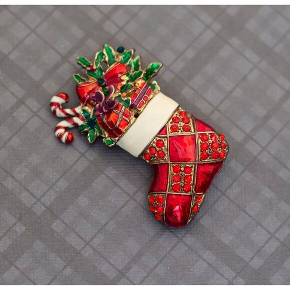 Vintage Gift Filled Santa Claus Sock Christmas Brooch - G32 - Picture 1 of 2